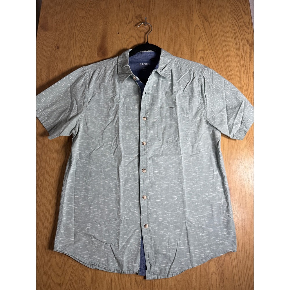 Stoic Mens Short Sleeve Button Down Shirt Size M Green Slub Texture Chest Pocket